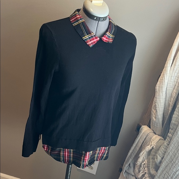 J Crew Black Sweater with Plaid Trim - Picture 1 of 4
